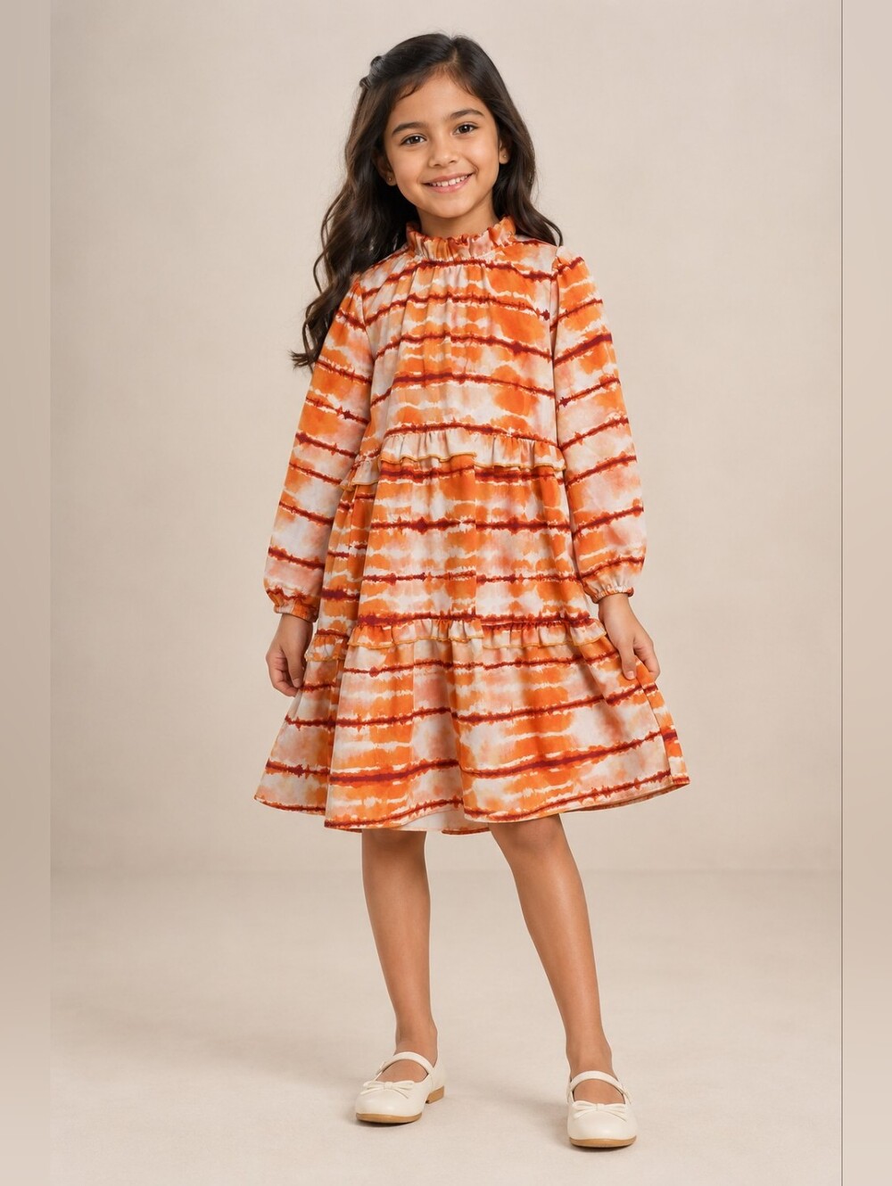 Girls Orange Tie-Dye Tiered Ruffle Dress Size 8-10 Long Sleeve Boho